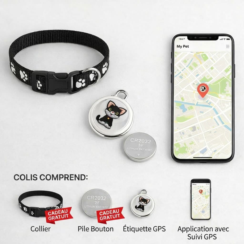 Contenu du colis MiniMeow : collier cadeau, pile CR2032, médaillon GPS et application avec carte de suivi